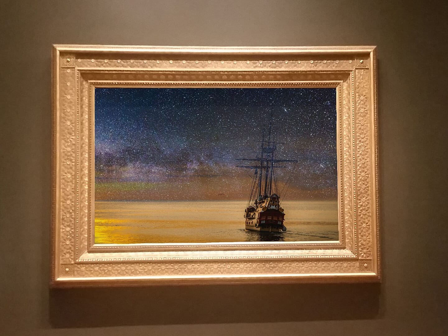 A painting of a ship in the water.